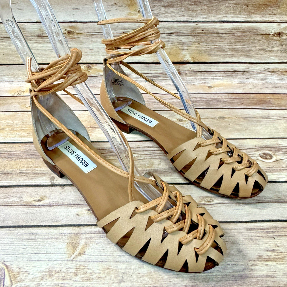 Steve Madden Womens Tan Leather Leaondra Strappy Flat Hurache Sandals 7.5